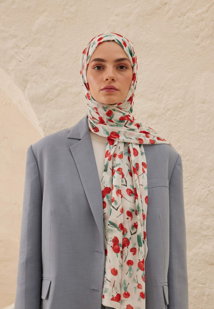 CHERRY PATTERNED RAMI HIJAB ECRU
