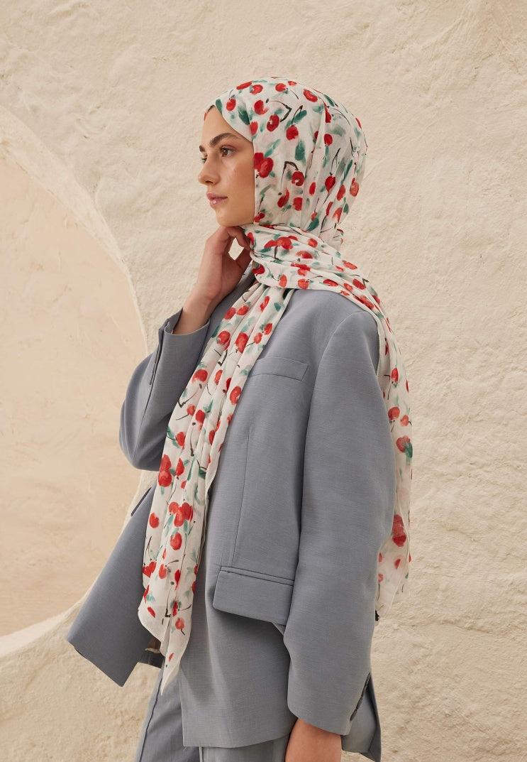 CHERRY PATTERNED RAMI HIJAB ECRU
