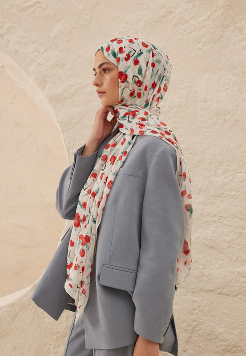 CHERRY PATTERNED RAMI HIJAB ECRU