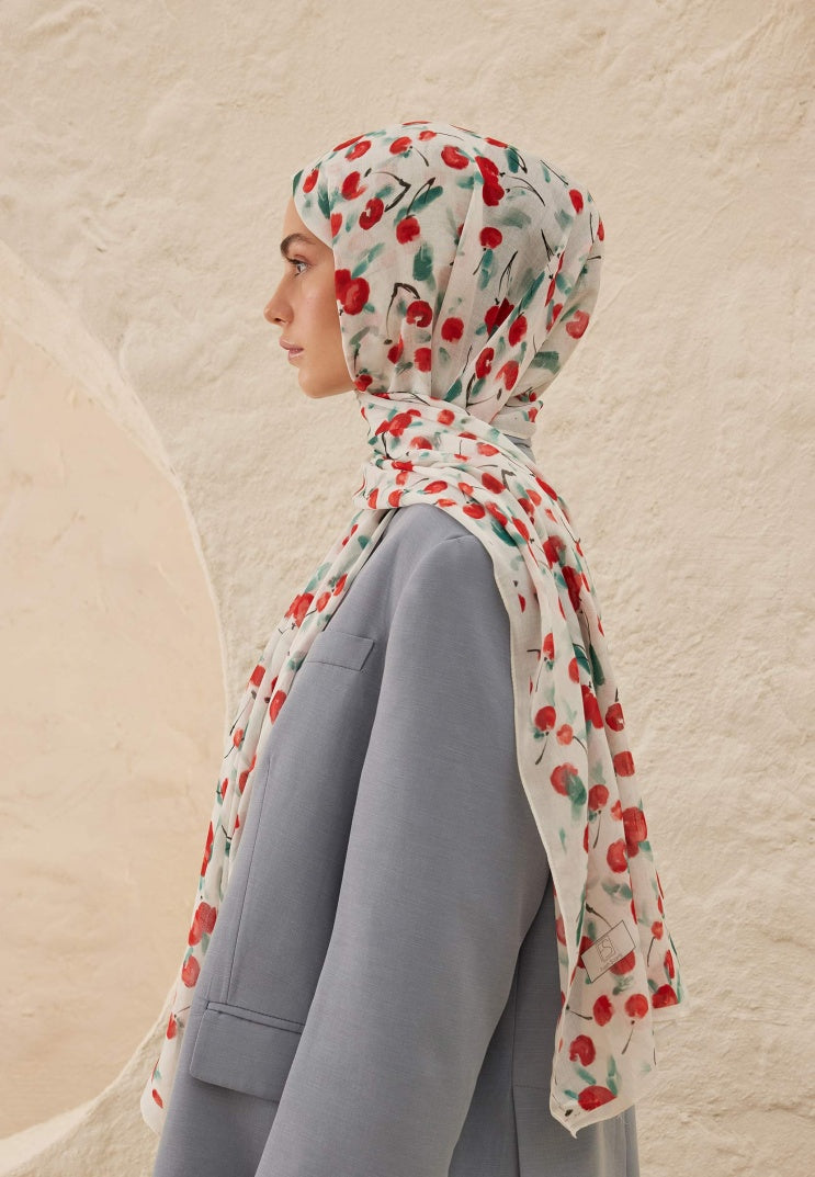 CHERRY PATTERNED RAMI HIJAB ECRU