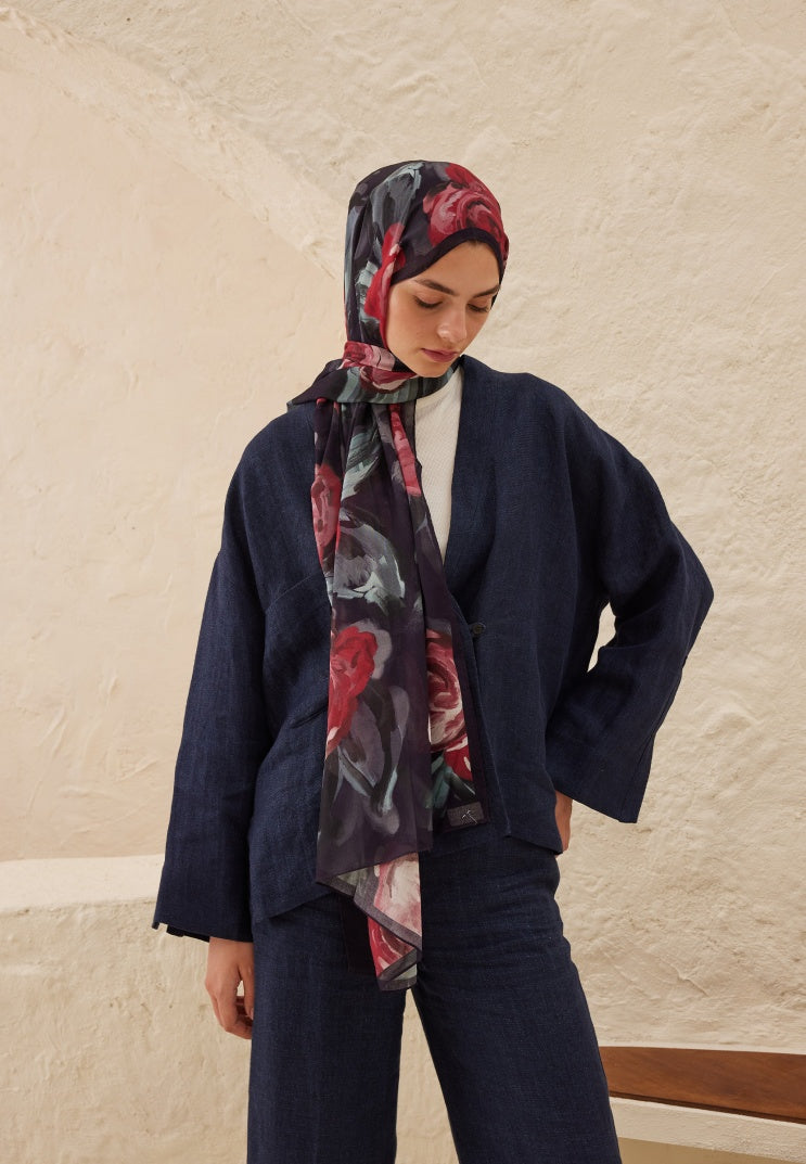 SUMMER ROSE PATTERNED RAMI HIJAB NAVY BLUE