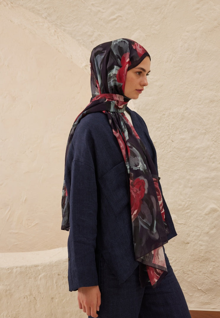 SUMMER ROSE PATTERNED RAMI HIJAB NAVY BLUE