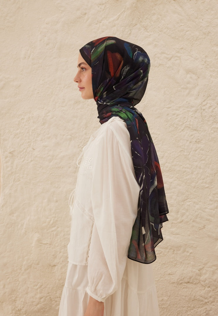 DARK GARDEN PATTERNED RAMI HIJAB NAVY BLUE