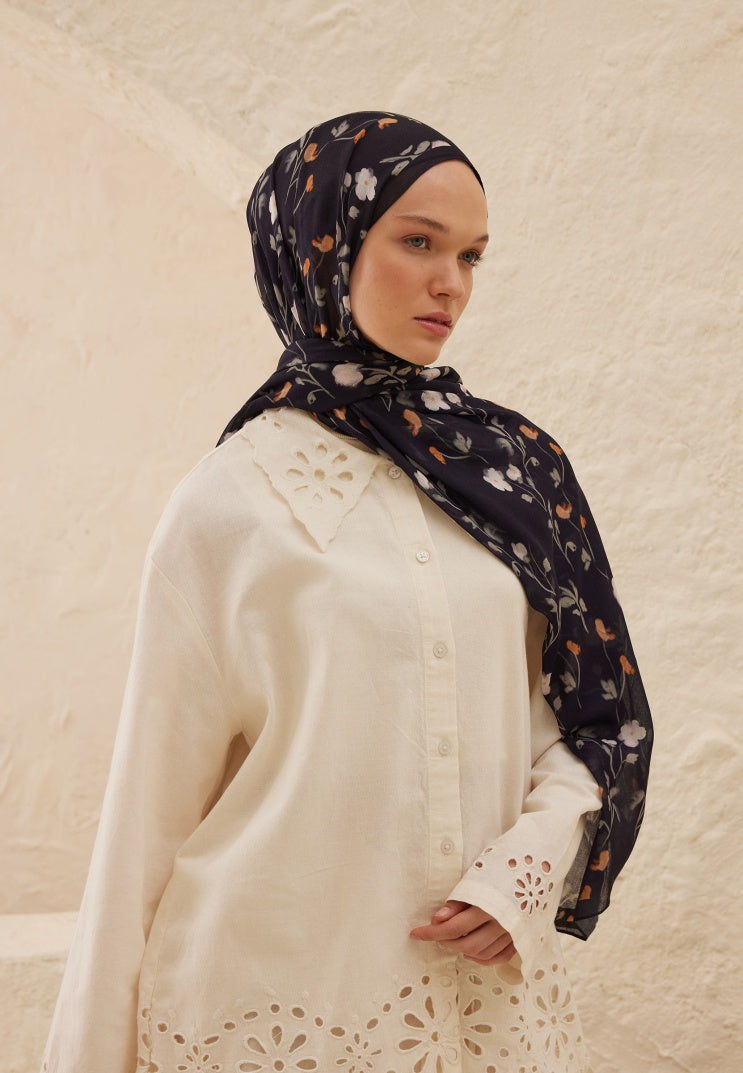 SOFT FLOWERS PATTERNED RAMI HIJAB NAVY BLUE