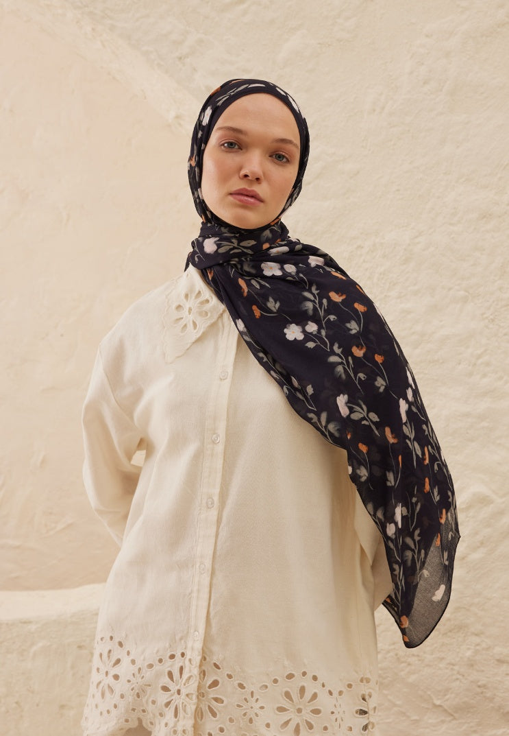 SOFT FLOWERS PATTERNED RAMI HIJAB NAVY BLUE