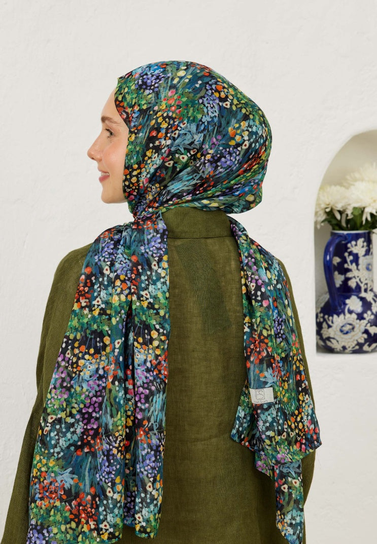 TINY BOUQUET PATTERNED RAMI HIJAB BLACK