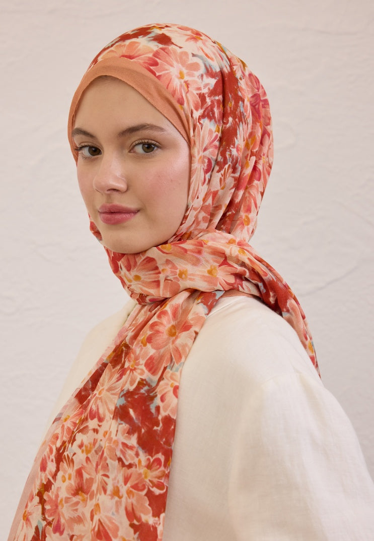 CHERRY BLOSSOM PATTERNED RAMI HIJAB PEACH