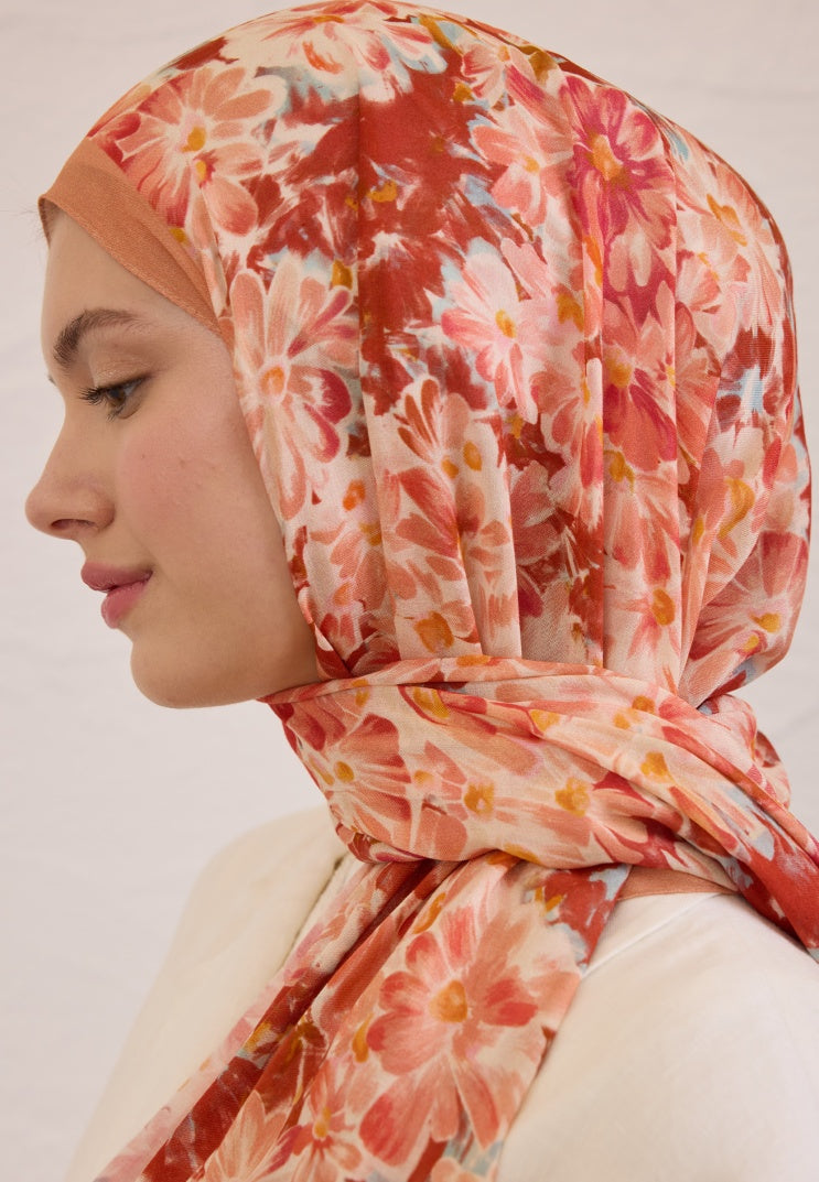 CHERRY BLOSSOM PATTERNED RAMI HIJAB PEACH