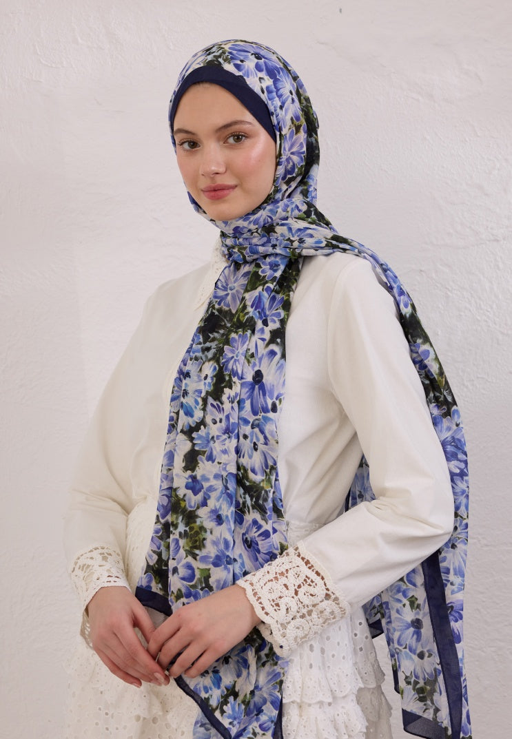 CHERRY BLOSSOM PATTERNED RAMI HIJAB NIGHT BLUE