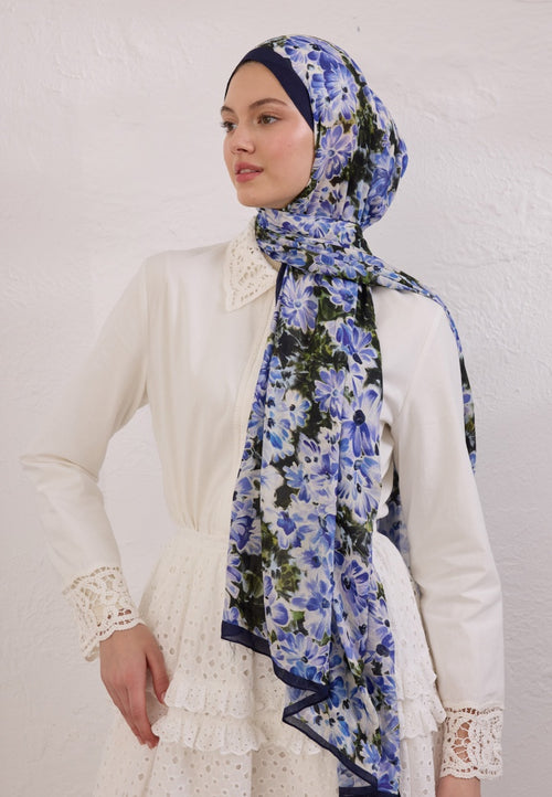 CHERRY BLOSSOM PATTERNED RAMI HIJAB NIGHT BLUE