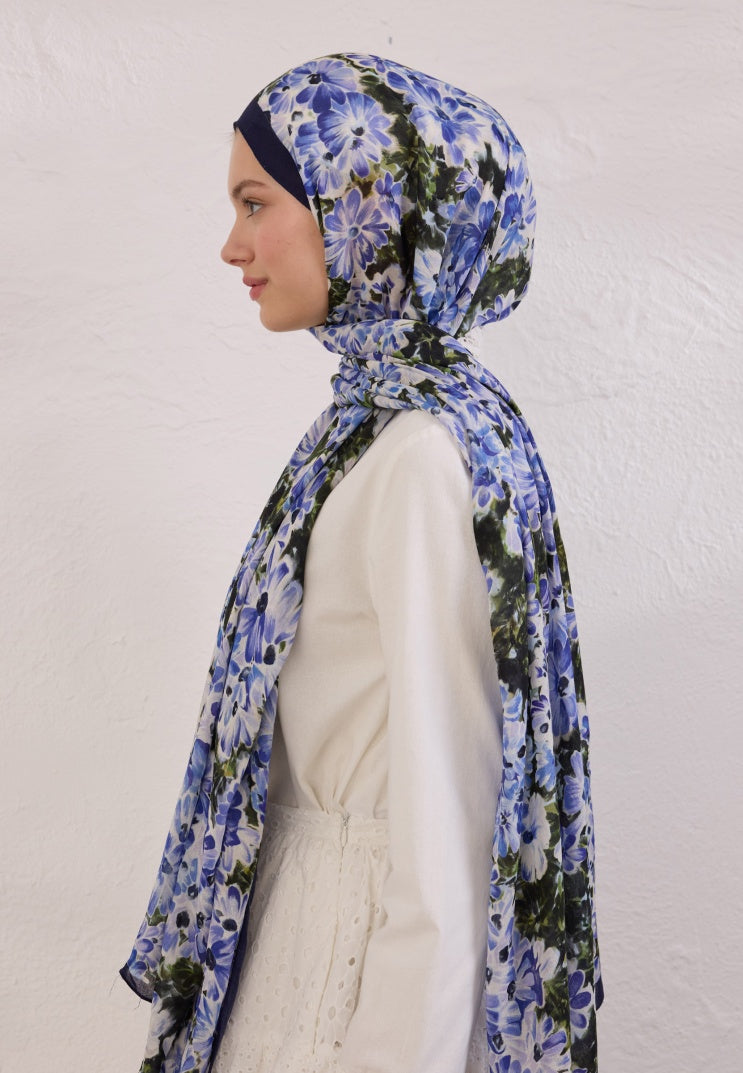 CHERRY BLOSSOM PATTERNED RAMI HIJAB NIGHT BLUE