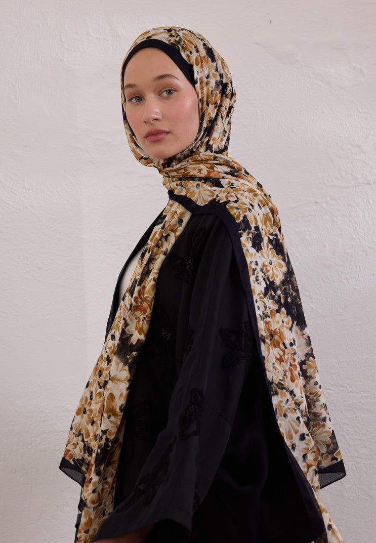 CHERRY BLOSSOM PATTERNED RAMI HIJAB BLACK