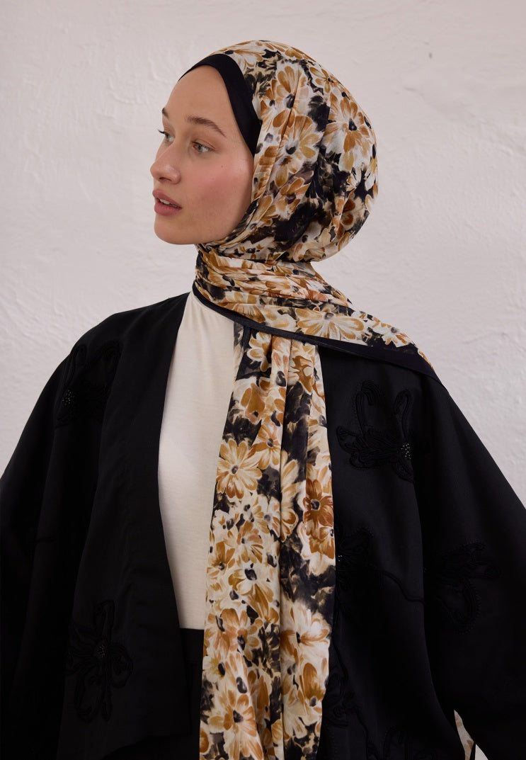 CHERRY BLOSSOM PATTERNED RAMI HIJAB BLACK