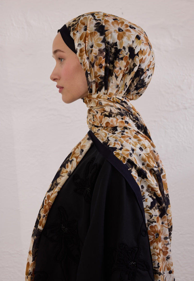 CHERRY BLOSSOM PATTERNED RAMI HIJAB BLACK