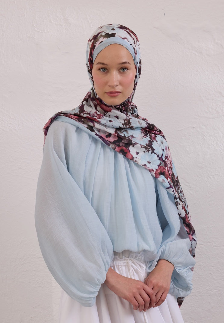 BEAUTY BLOSSOM PATTERN RAMI HIJAB SOFT BLUE
