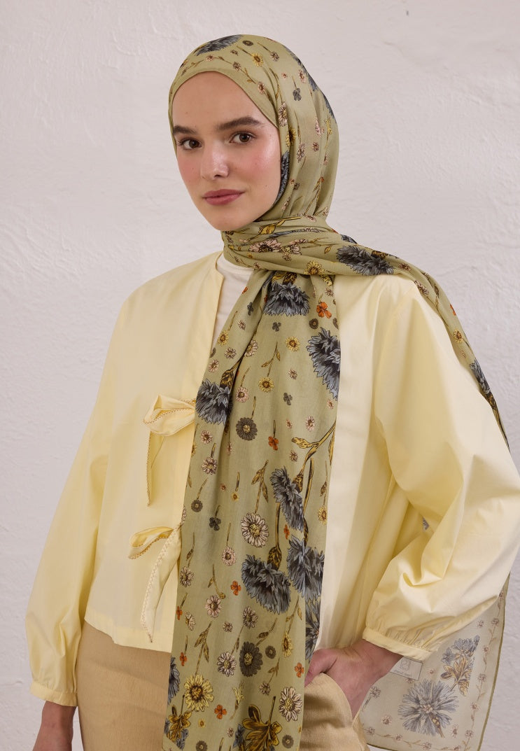 BLOOMING DAHLIA PATTERN RAMI HIJAB ALMOND GREEN