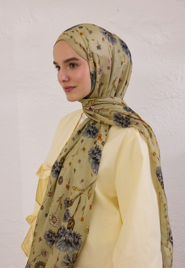BLOOMING DAHLIA PATTERN RAMI HIJAB ALMOND GREEN