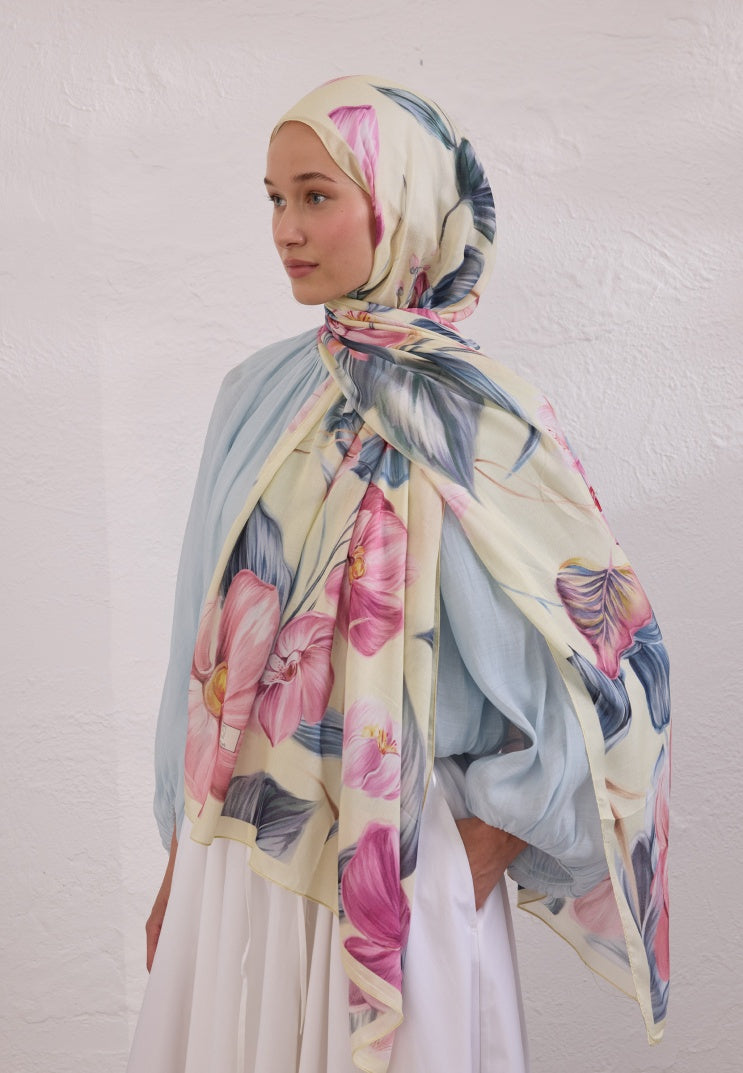 ELEGANT FLOWER PATTERN RAMI HIJAB SOFT YELLOW