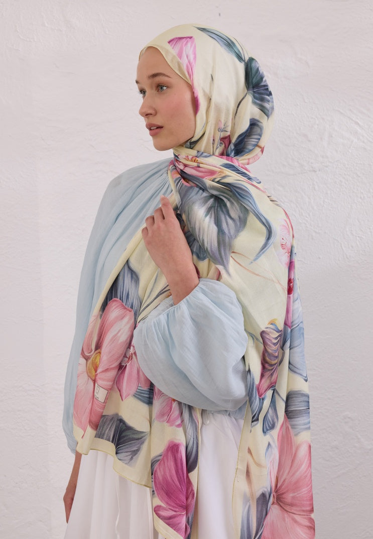 ELEGANT FLOWER PATTERN RAMI HIJAB SOFT YELLOW