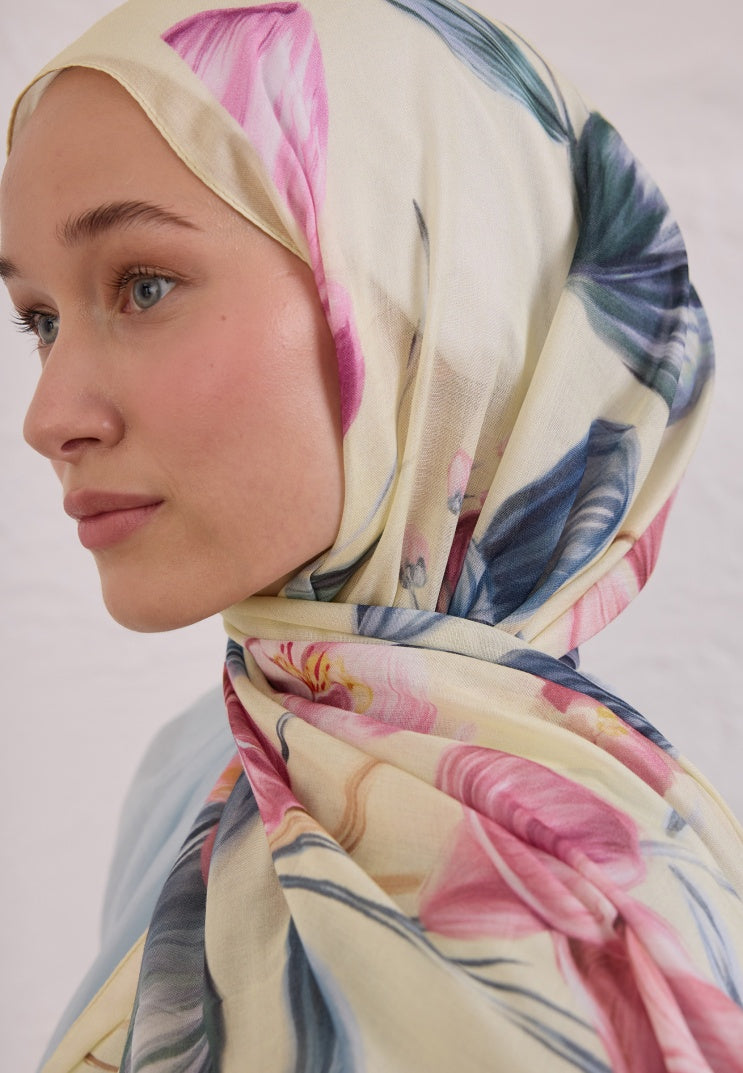 ELEGANT FLOWER PATTERN RAMI HIJAB SOFT YELLOW