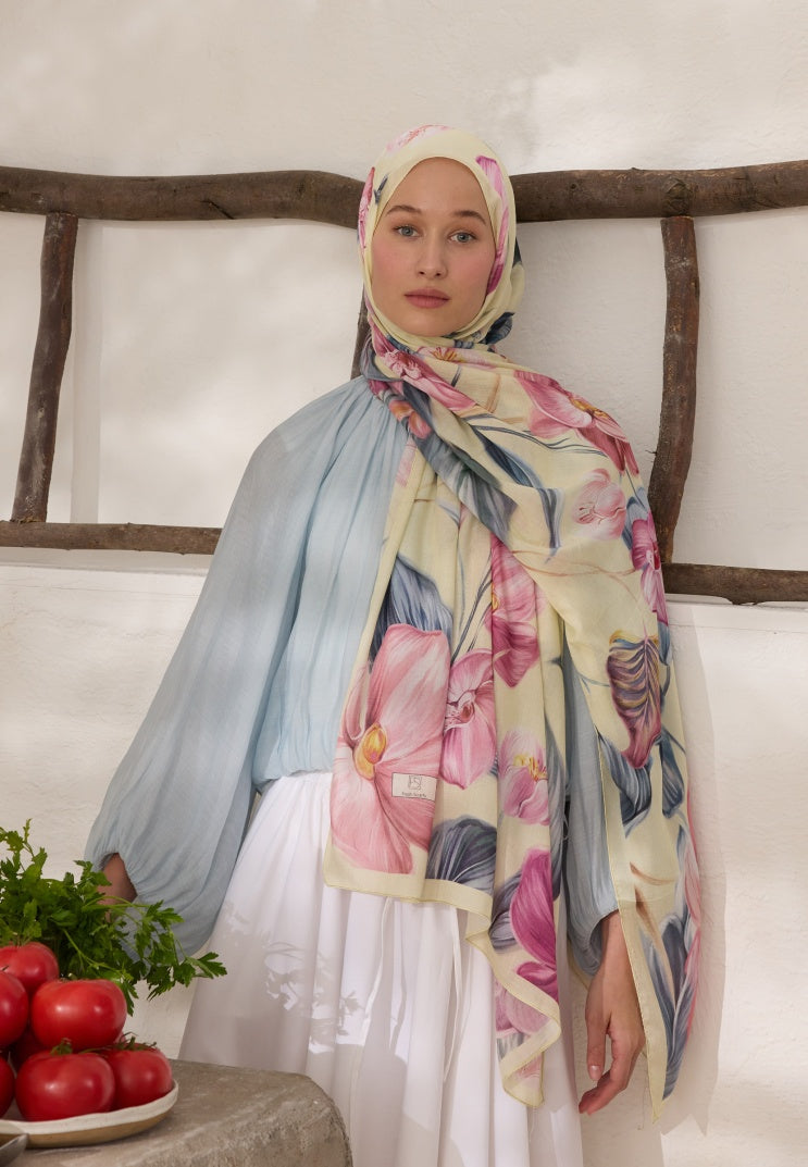 ELEGANT FLOWER PATTERN RAMI HIJAB SOFT YELLOW