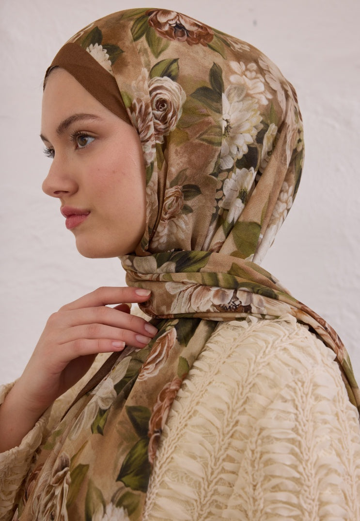 MAGNOLIA PATTERNED RAMI HIJAB MILK COFFEE