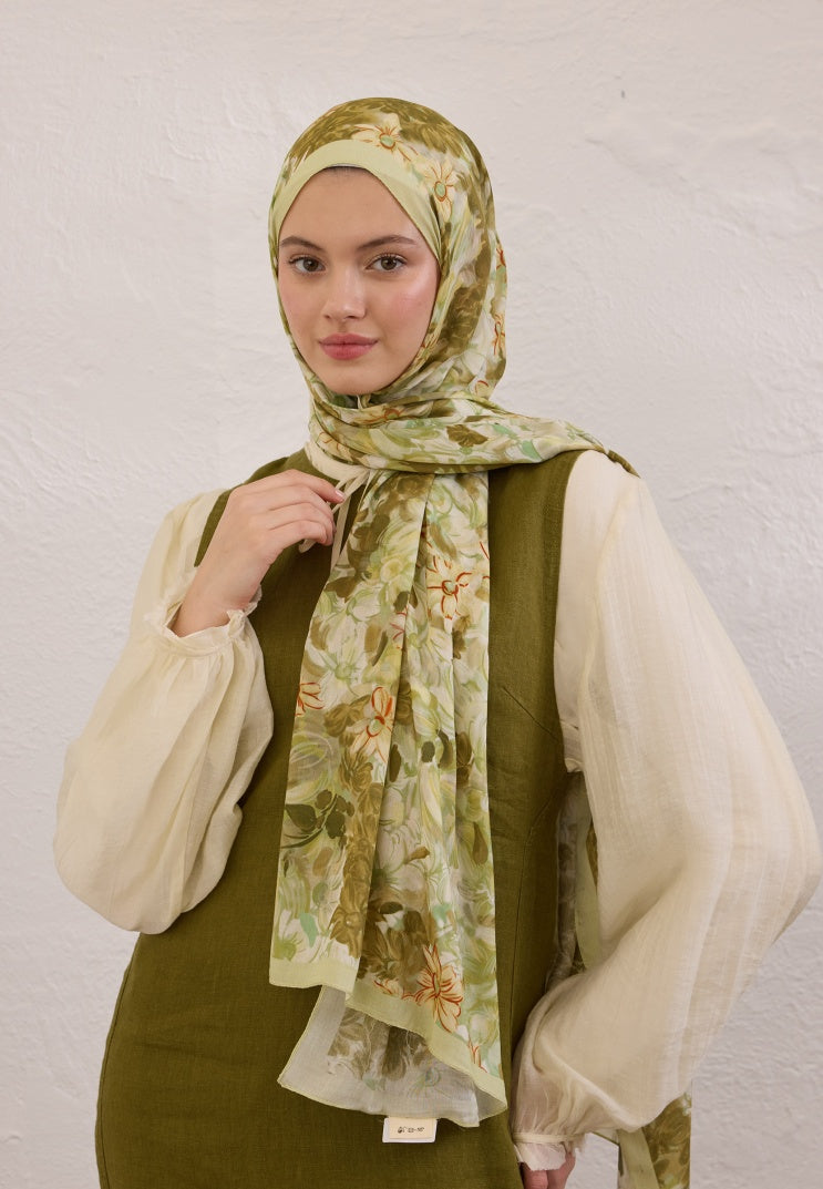 SUMMER BLOOM PATTERNED RAMI HIJAB ALMOND GREEN