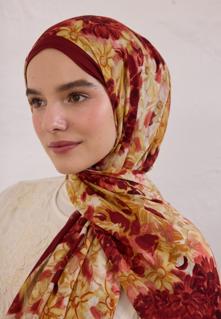 SUMMER BLOOM PATTERN RAMI HIJAB Claret Red