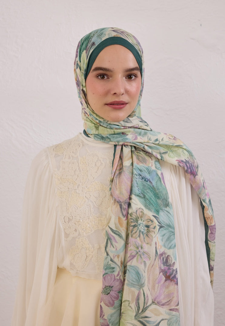 VINTAGE GARDEN PATTERN RAMI HIJAB GREEN