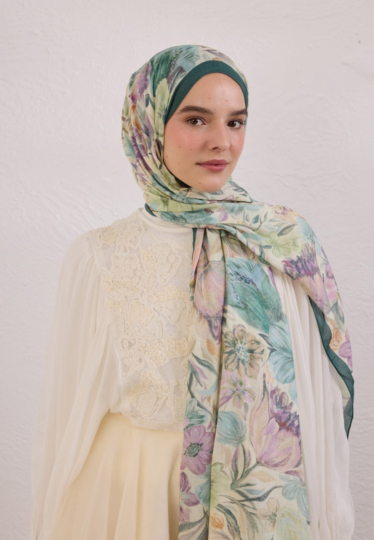 VINTAGE GARDEN PATTERN RAMI HIJAB GREEN