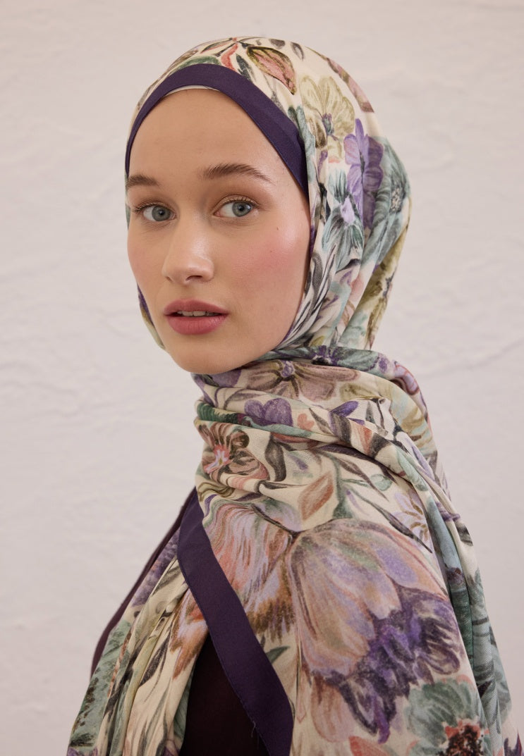 VINTAGE GARDEN PATTERNED RAMI HIJAB PURPLE BLUE