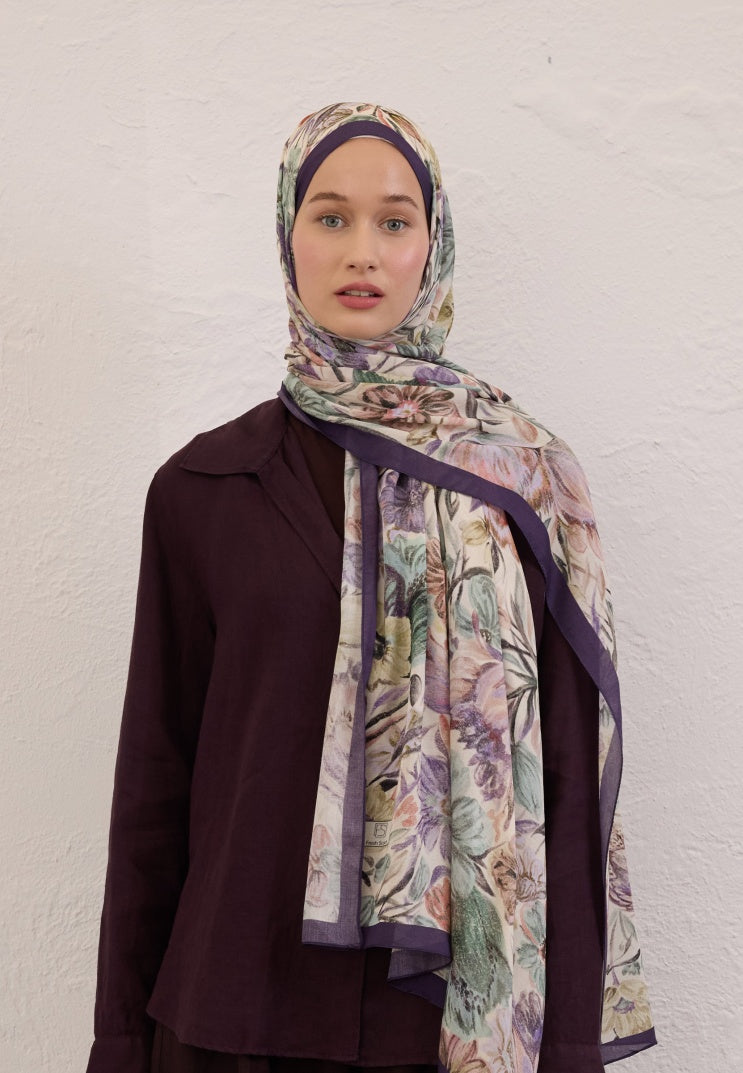 VINTAGE GARDEN PATTERNED RAMI HIJAB PURPLE BLUE
