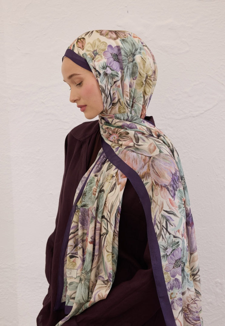 VINTAGE GARDEN PATTERNED RAMI HIJAB PURPLE BLUE