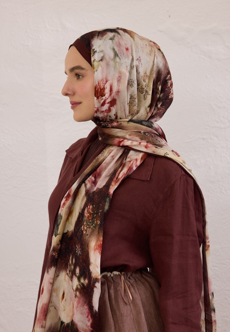 VINTAGE ROSE PATTERN RAMI HIJAB Claret Red