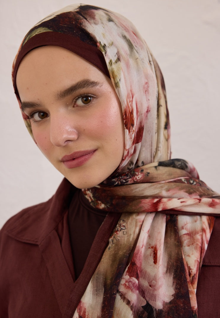 VINTAGE ROSE PATTERN RAMI HIJAB Claret Red