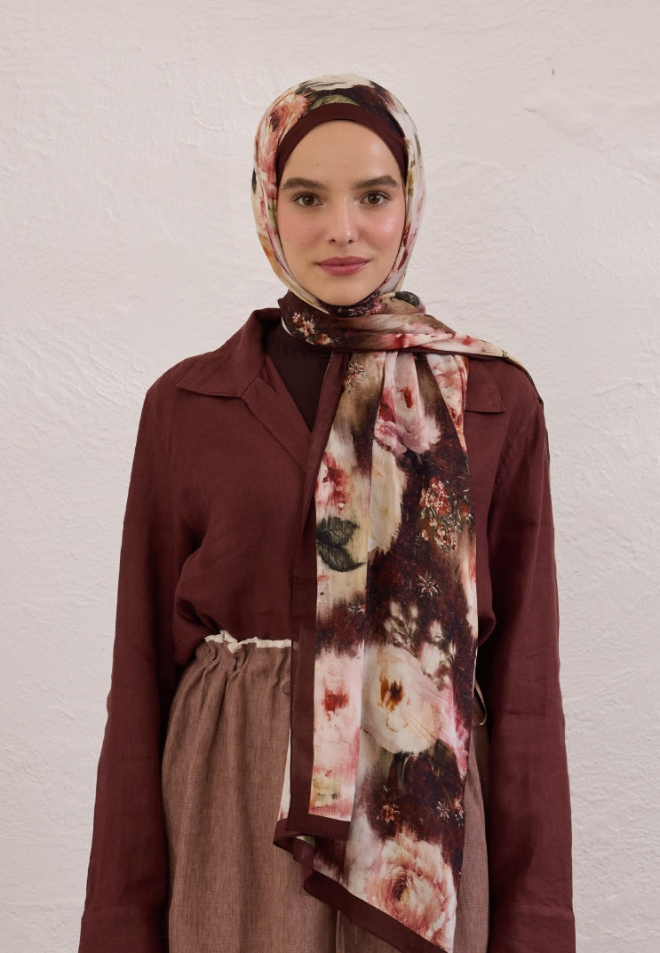 VINTAGE ROSE PATTERN RAMI HIJAB Claret Red