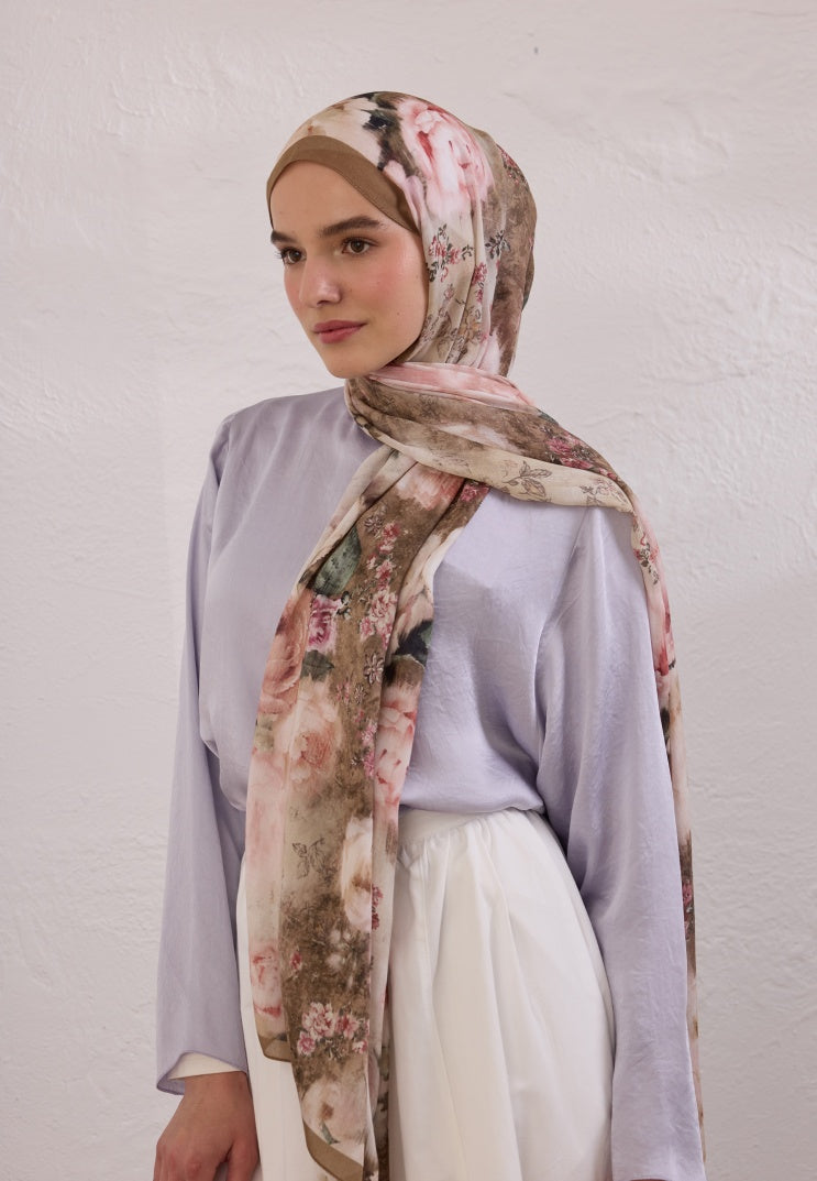 VINTAGE ROSE PATTERN RAMI HIJAB MINK