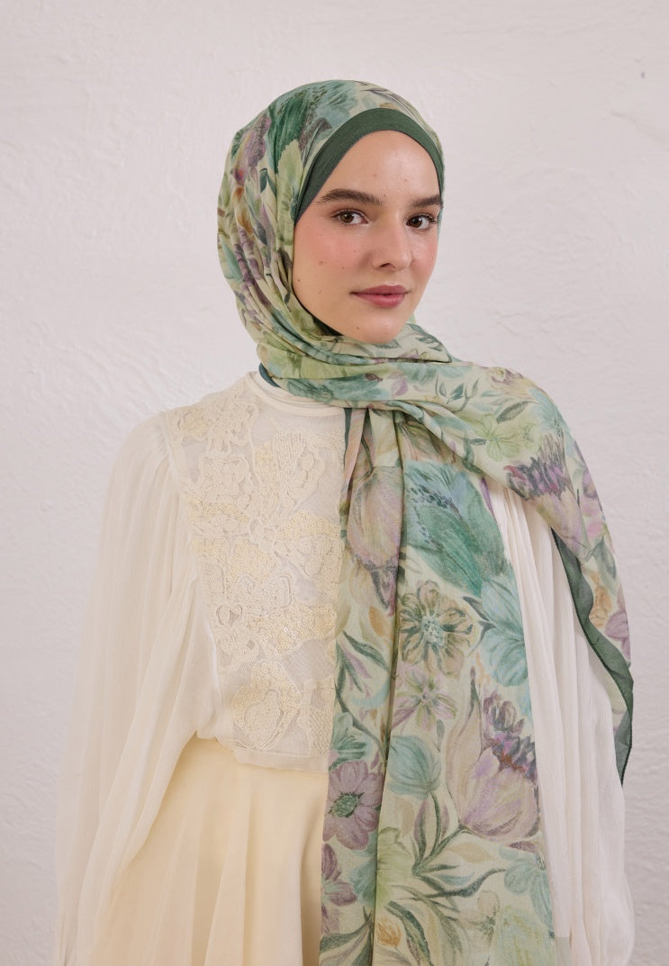 VINTAGE GARDEN PATTERNED RAMI HIJAB DARK GREEN