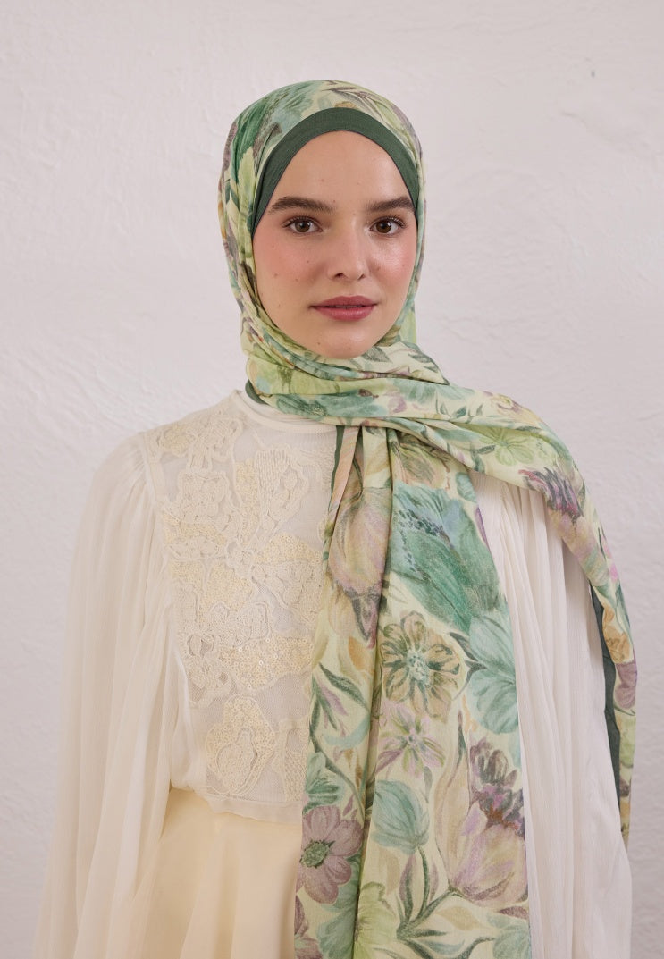VINTAGE GARDEN PATTERNED RAMI HIJAB DARK GREEN