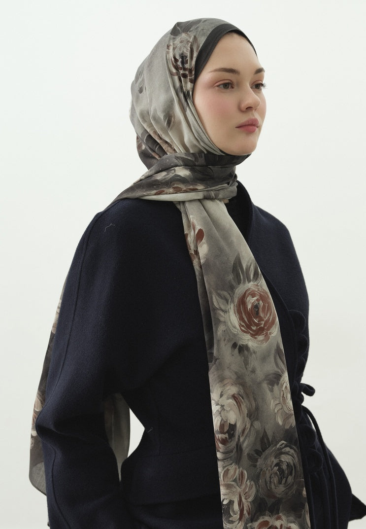 MARIELLE PATTERNED COTTON VISCOSE HIJAB SMOKE GRAY