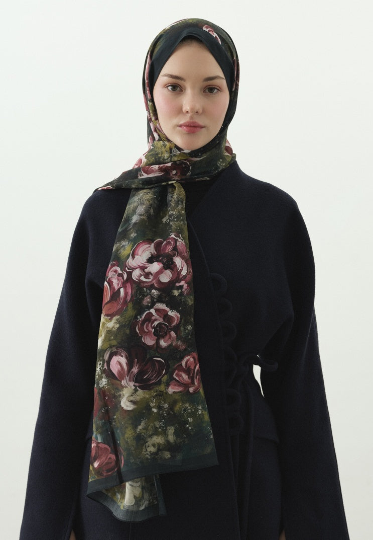 MADELEINE PATTERNED COTTON VISCOSE HIJAB DEEP GREEN
