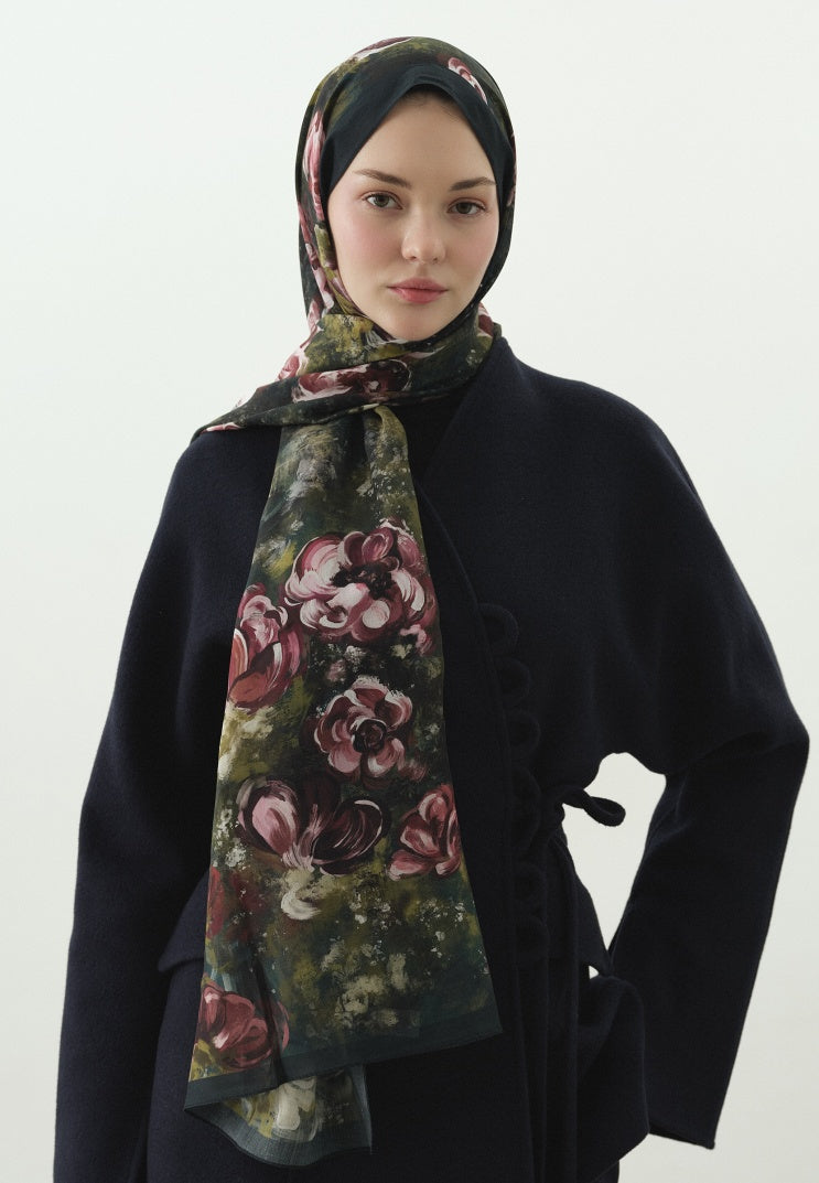 MADELEINE PATTERNED COTTON VISCOSE HIJAB DEEP GREEN