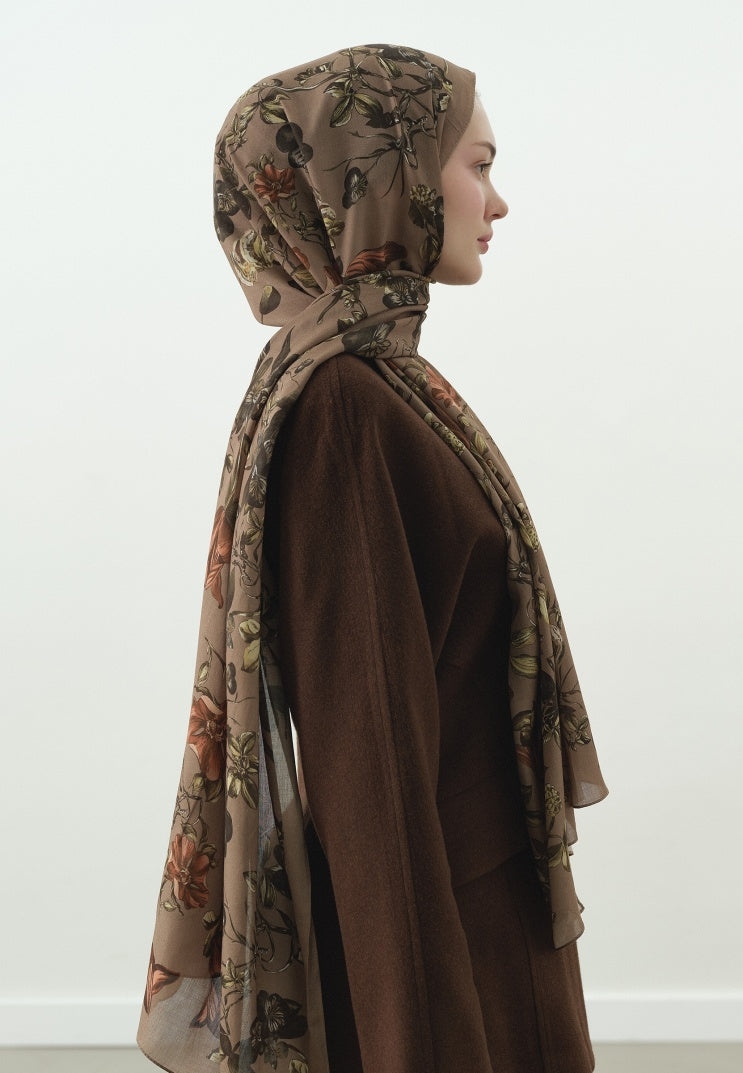 GISELE PATTERNED COTTON VISCOSE HIJAB MILK COFFEE