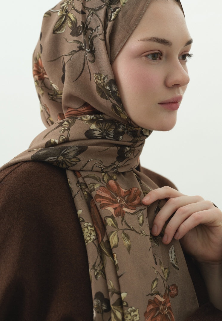 GISELE PATTERNED COTTON VISCOSE HIJAB MILK COFFEE