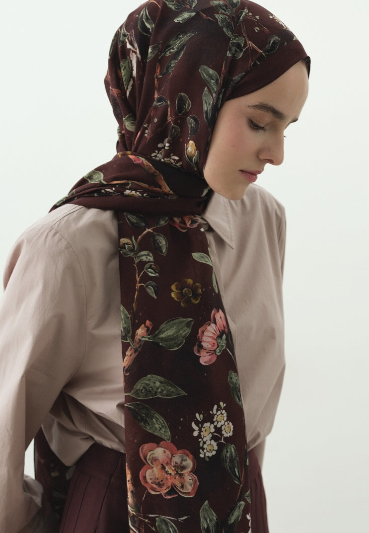 FLOWER RAIN PATTERNED COTTON VISCOSE HIJAB BURGUNDY