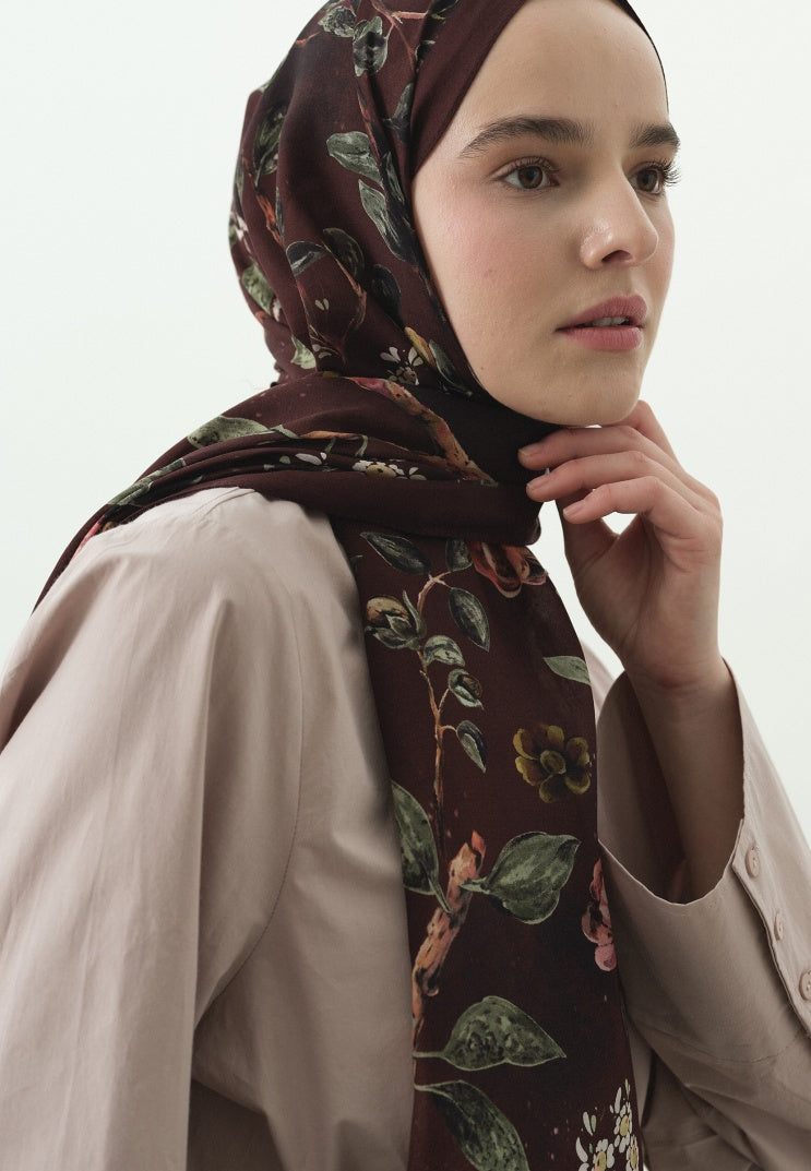 FLOWER RAIN PATTERNED COTTON VISCOSE HIJAB BURGUNDY