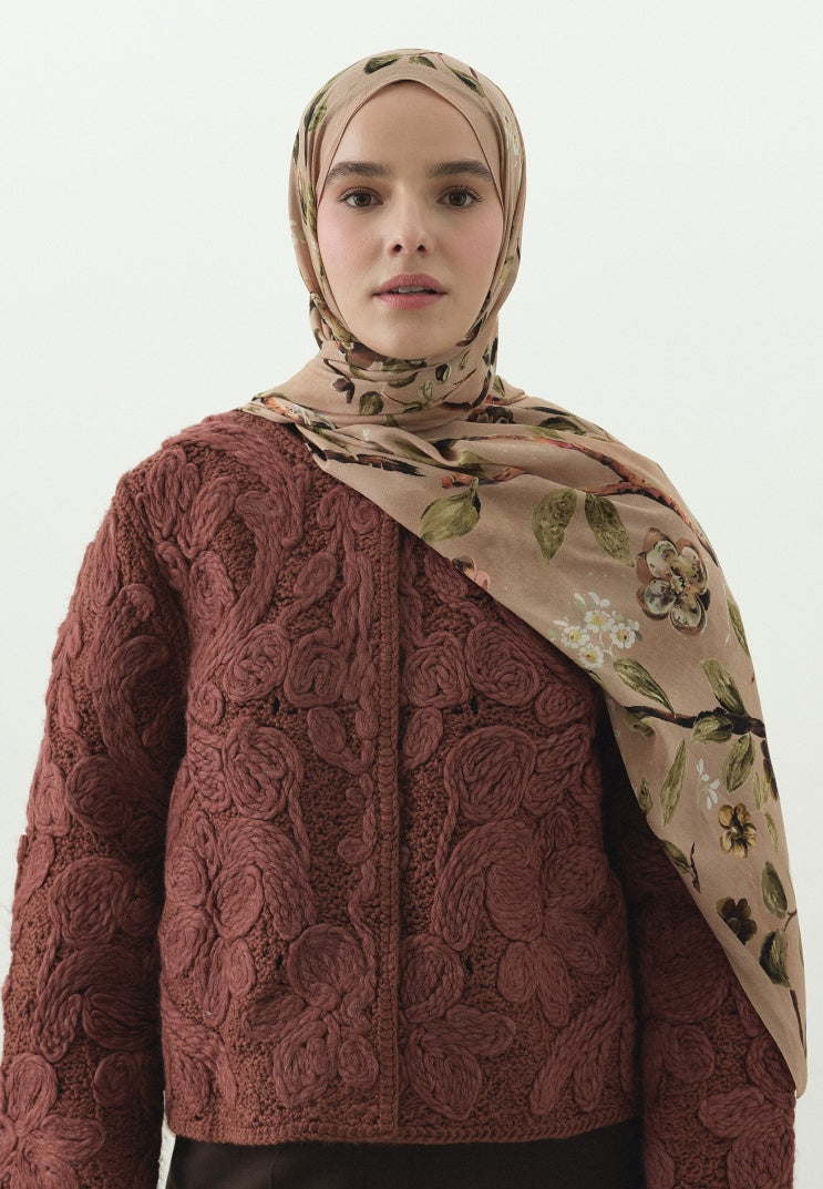 FLOWER RAIN PATTERNED COTTON VISCOSE HIJAB SALMON