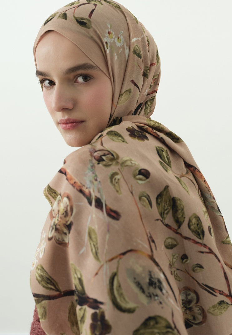 FLOWER RAIN PATTERNED COTTON VISCOSE HIJAB SALMON