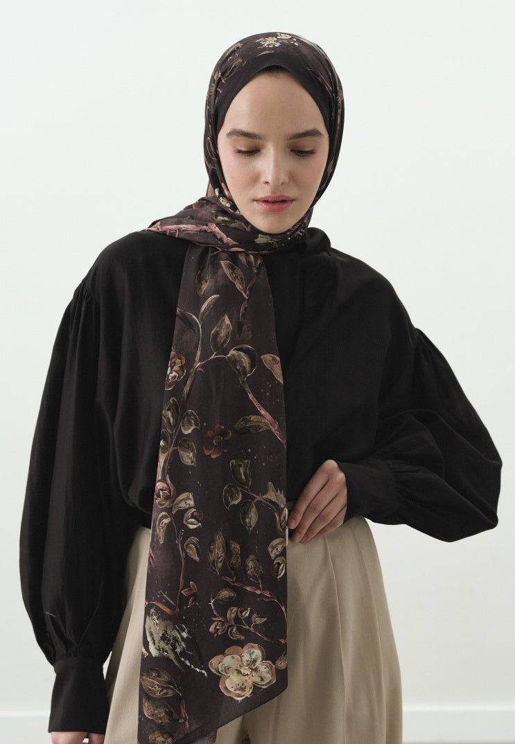 FLOWER RAIN PATTERNED COTTON VISCOSE HIJAB BROWN