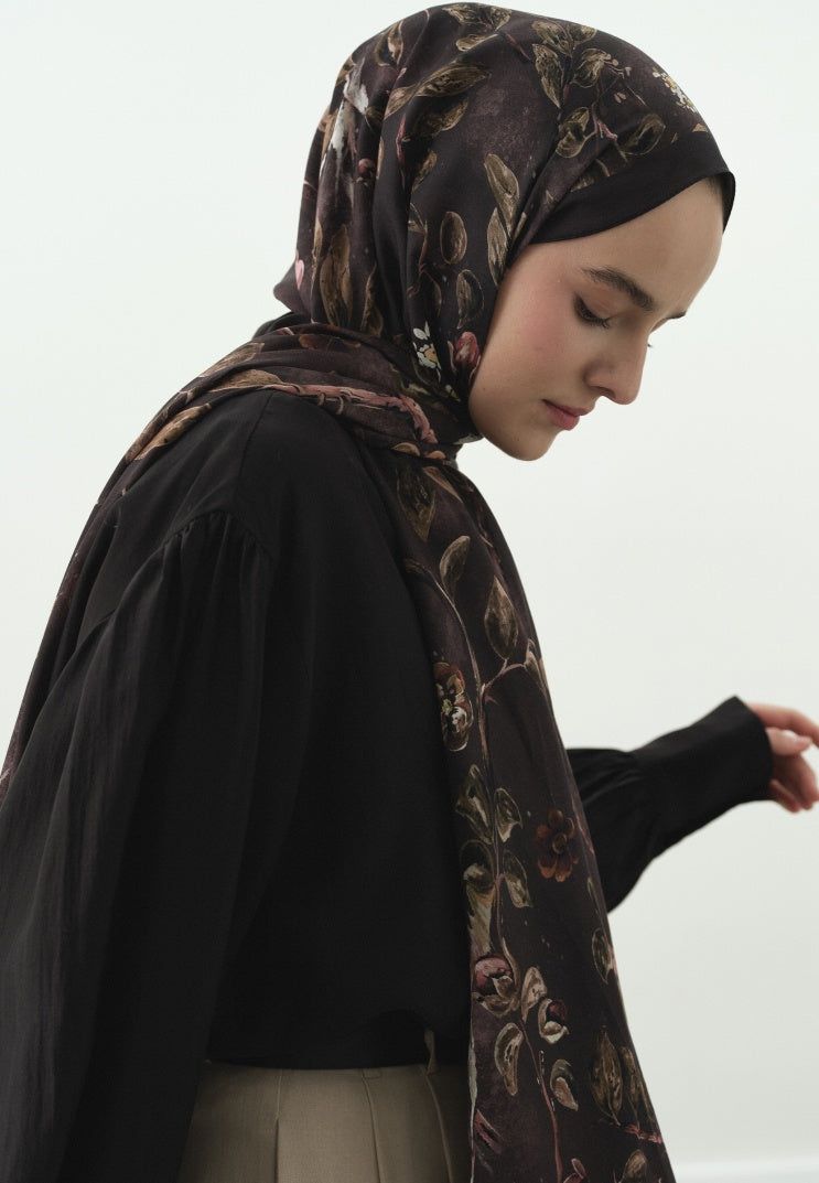 FLOWER RAIN PATTERNED COTTON VISCOSE HIJAB BROWN